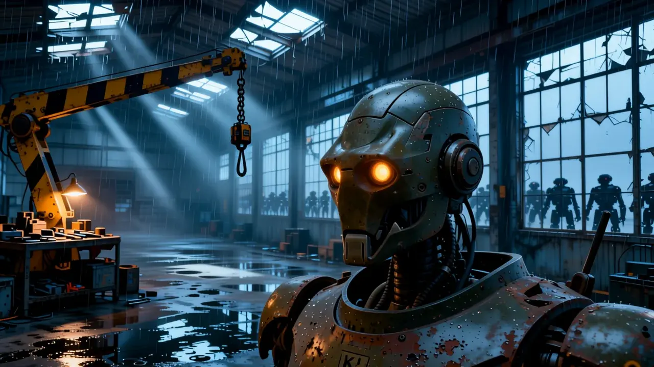 The model's frame: the robot K-7 in close-up, its eyes glowing, a crane and the workshop windows behind it
