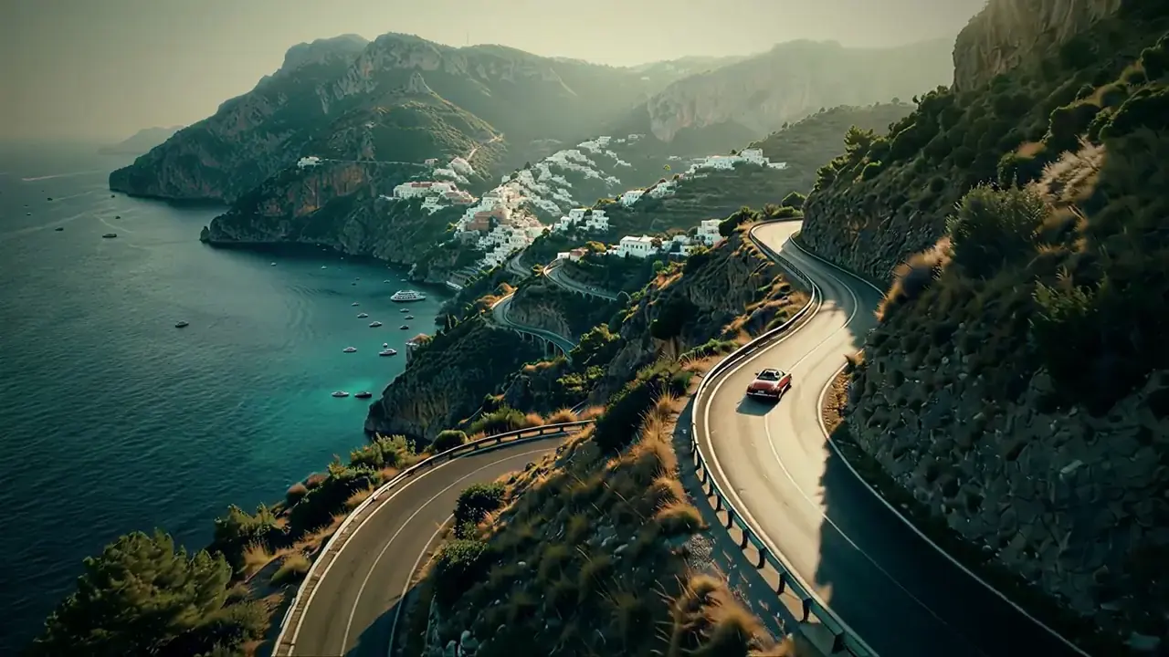 Coastal Road: Aerial shot at golden hour: a serpentine road in green cliffs above a turquoise sea, a small red convertible driving along it.