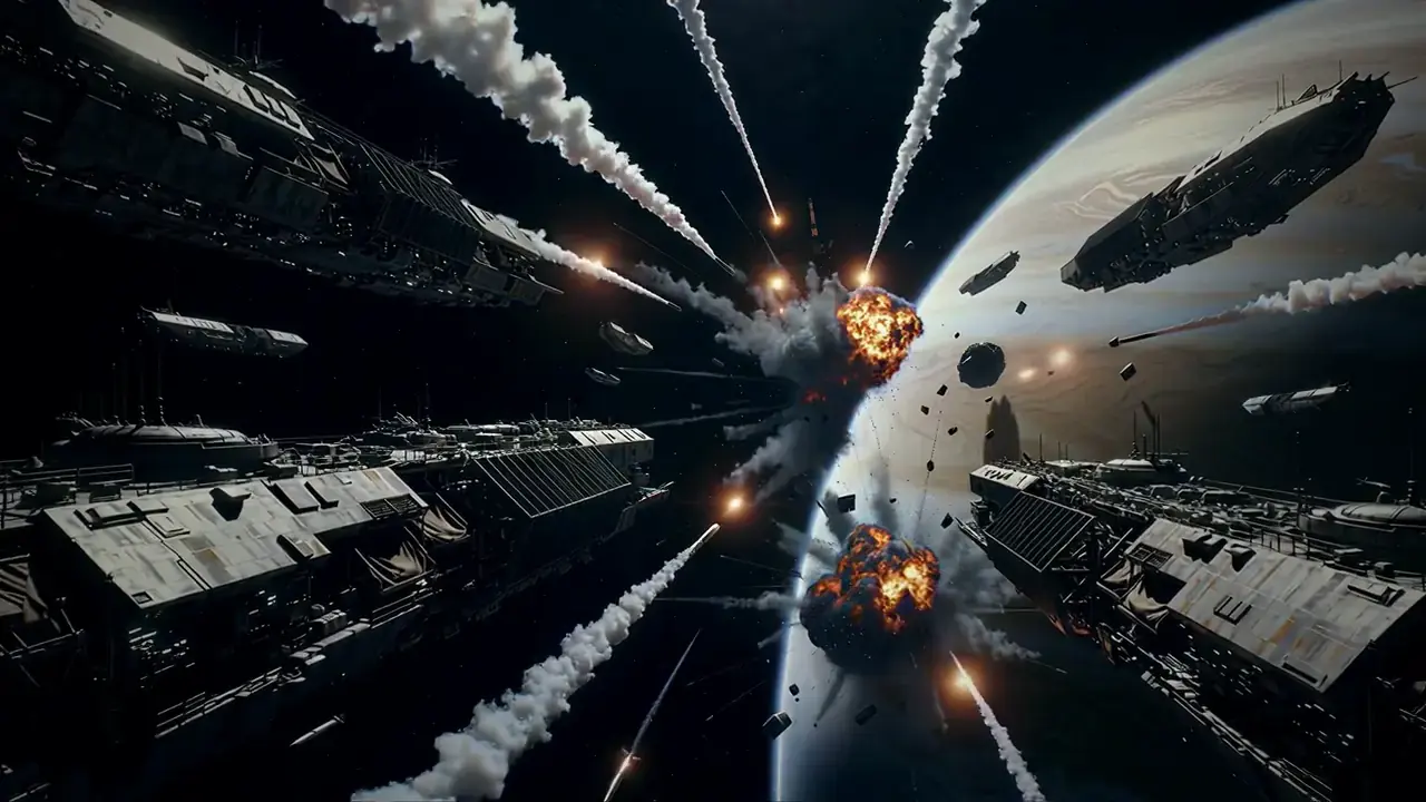 Space battle: tracers, missiles and explosions between the fleets near the gas giant.