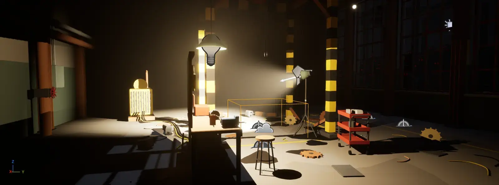 Staging in Unreal Engine: a workshop with a workbench, a lamp and a spotlight, the actors' marks on the floor
