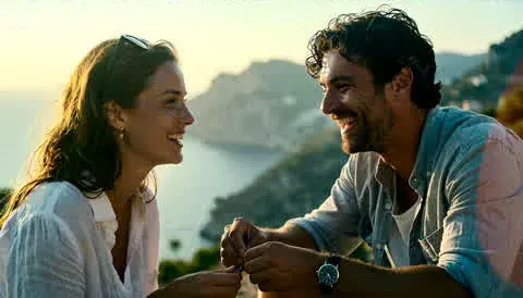 10. Maya and Leo smile at each other in the warm sun