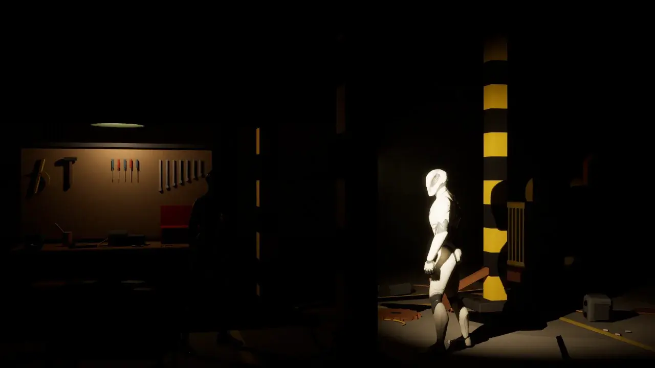 Staging in Unreal Engine: a dark workshop, a mannequin on its mark in a spotlight beam, a workbench with tools on the left