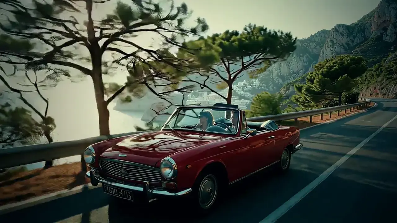 The red convertible with its top down drives along the coast road under pine trees.