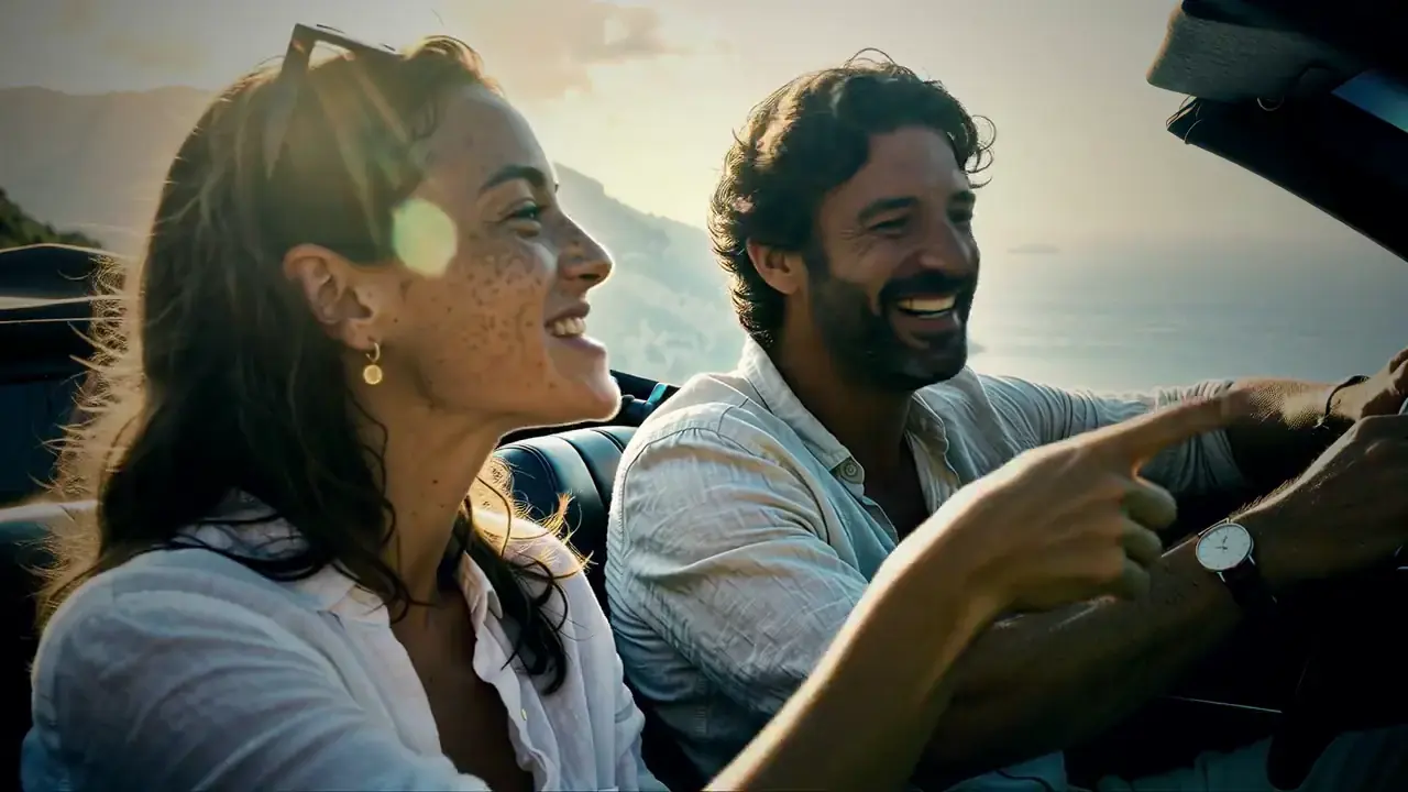 Maya and Leo laugh in the convertible, the sea in a sunny haze behind them.