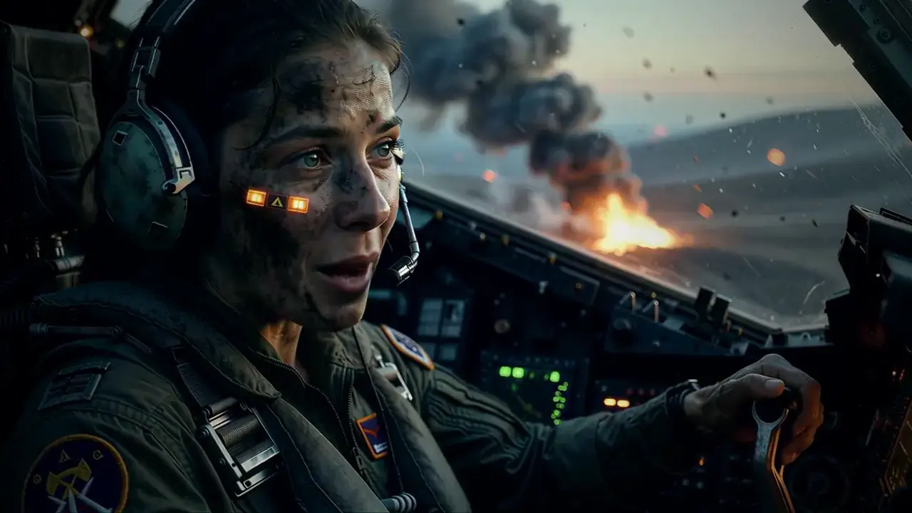 Close-up: Rhea in the robot's cockpit, soot on her face and amber warning lights.