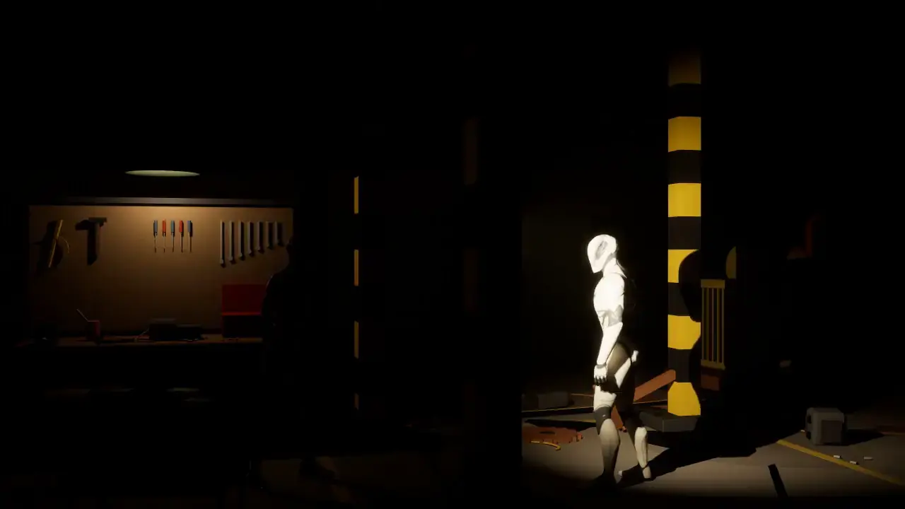 Draft render from Unreal: mannequins on their marks in the workshop